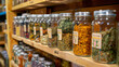 A shelf filled with jars and bottles each containing a different type of herbal remedy. The labels are written in a blend of foreign languages and intricate symbols.