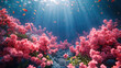 Underwater scene with vibrant pink coral flower and small fish swimming in beams of sunlight.