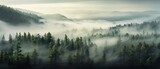 Fototapeta Natura - Panoramic view of foggy forest in the mountains at sunrise