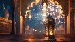 ramadan kareem eid mubarak royal elegant lamp with mosque holy gate with fireworks
