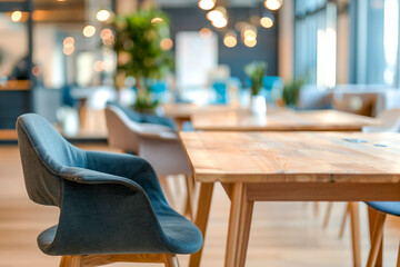 Relaxation lounge, cafe area in co-working building. Closeup of an empty wooden table with chairs and blurred background