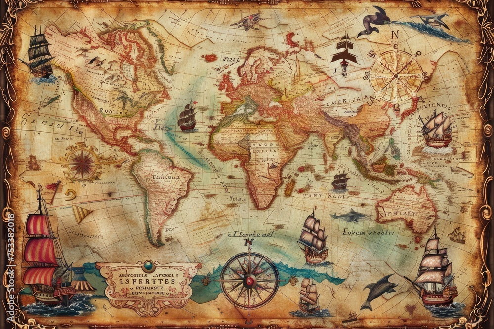 A historical pirate map with treasure islands and sea monsters Stock ...