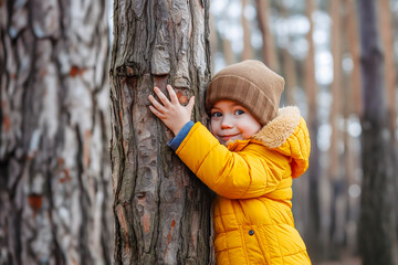 Child hugging a tree in the outdoor forest. Concept of battling a global problem of carbon dioxide and global warming. Love of nature. Net zero and carbon neutral concept.