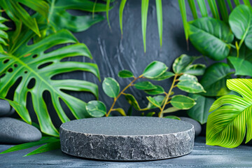 Round gray stone cosmetics product advertising podium stand with tropical leaves background. Empty natural stone pedestal platform to display beauty product. Mockup