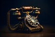 old bronze telephone with a rotary dial on a black background, generated by AI. 3D illustration