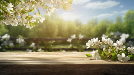 Empty wooden table with spring background. Wooden table terrace with Morning fresh atmosphere nature. Park with garden bokeh background with country outdoor, Template mock up for display of product