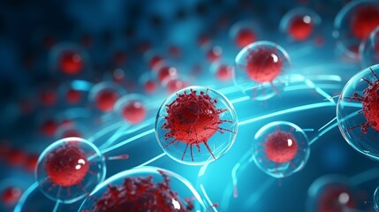 Wall Mural - Nano bots, red blood cells, virus cells infection, medical nano technology illustration. 3D nanobots, virus, human blood microscopic view. Futuristic nanotechnology robots medicine science background