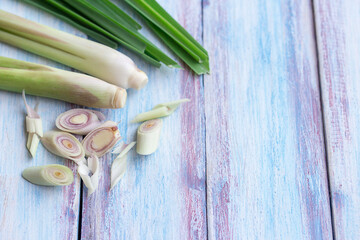 Close up fresh organic lemongrass no chemicals on wood table background.