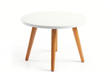 White round table on three wooden legs isolated on a white background