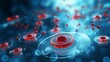 Nanorobots interacting with blood cells are depicted, representing nanotechnology and bioengineering advancements.