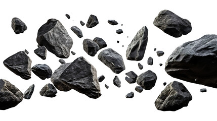 Wall Mural - Falling black rocks isolated on transparent background Remove png, Clipping Path, pen tool