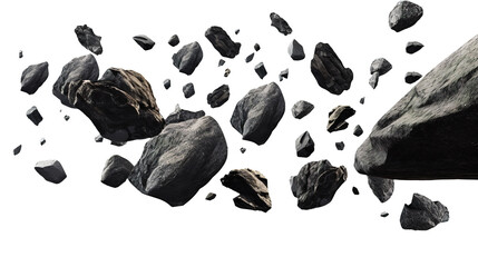 Wall Mural - Falling black rocks isolated on transparent background Remove png, Clipping Path, pen tool