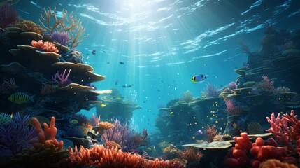 Wall Mural - Serene underwater scene with marine life, corner space for copy