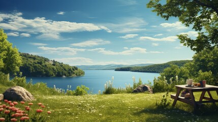 Wall Mural - Summer picnic scene, grassy foreground with space above