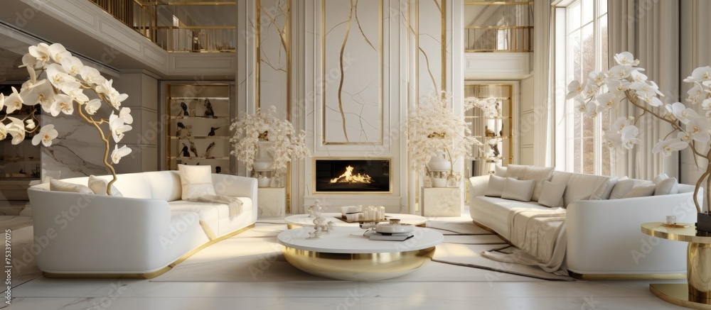 Luxurious interior design of a living room with elegant gold toned ...