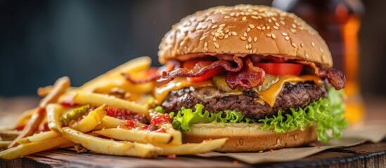 Wall Mural - Gourmet cheeseburger with prime angus beef, melted cheese, lettuce, tomato, potato bun, fries, and ketchup on metal tray.