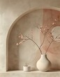 vase branch plant cherry blossom sand colored walls magazine archways bold brushwork net visible paint texture warm color tone