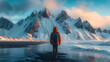 adventurous man walking in the middle of a landscape with snow and sea