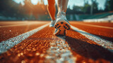 Fototapeta  - Close-up of Athlete's Running Shoe on Starting Line of Track