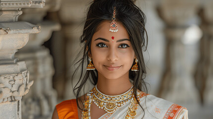 Young Indian Woman Wearing Traditional Jewelry and Sari