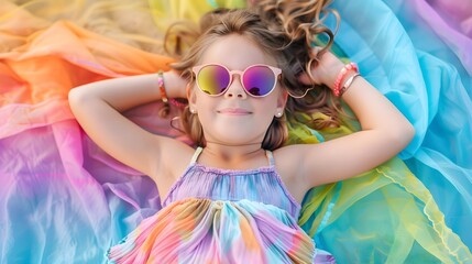 Wall Mural - Colorful Girl with Sunglasses Laying on Blanket, To convey a sense of joy and happiness in summer outdoor activities for children