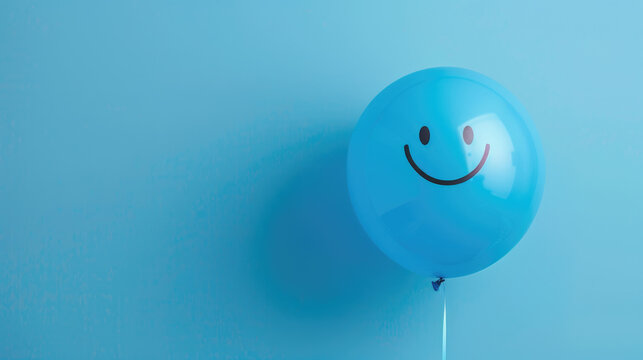 blue smiling face balloon isolated on blue background with copy space