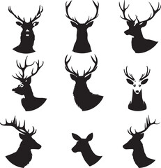 Wall Mural - Set of Deers black silhouettes isolated on white background