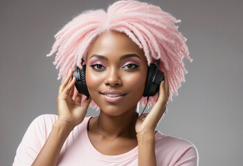 Wall Mural - Dreaming black woman with light pink afro hair listens song in headphones