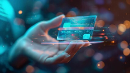 Wall Mural - a holographic image of a hand holding a credit card representing a secure and convenient way for use
