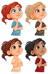 Sticker - Four cartoon girls pondering with curious expressions.