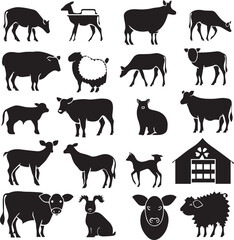 Wall Mural - Collection of silhouettes of farm animals on white background