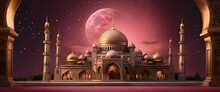 Golden Mosque, Arabic Background, Celebrating Ramadan, Isolated On A Dark Pink Background