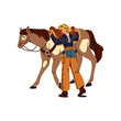 Wild west horseman with guns mounts horse. American western equestrian gets on saddles. Cowboy rider in hat going to ride horseback back view. Flat isolated vector illustration on white background