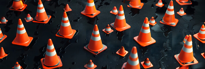 Wall Mural - an aerial image of traffic cones and roadwork signs organized on a black transparent background