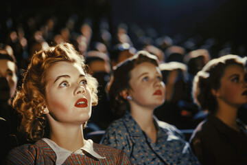 Wall Mural - Movie audience with a young caucasian american woman central, with 1950s style