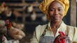 Joyful African American woman at farm clutching chicken while glancing towards camera against chicken in background, Generative AI.