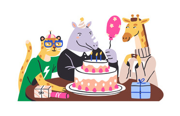 Wall Mural - Cute animal characters at birthday party, celebrating with holiday cake, balloon and gifts. Funny comic friends at bday celebration. Flat graphic vector illustration isolated on white background