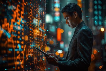 Man using a tablet on it with financial charts.