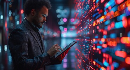 Man using a tablet on it with financial charts.