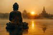 buddha statue at sunset in the lake outside the temple, generative ai