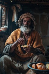 A biblical old man eats bread.