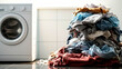 free space on the left corner for title banner realistic photo: image of dirty laundry piled up next to a washing machine, symbolizing the concept of laundry and cleanlines