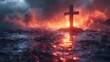 Cross on Water and Fire in Unreal Engine 5 Style, To evoke emotions of spirituality, strength, and transcendence in various designs, such as game