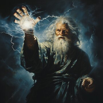 A sorcerer conjures a storm with lightning in his hands