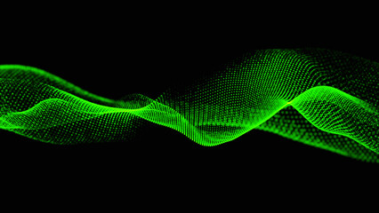 Abstract green color dots net particles flowing wave pattern halftone gradient curve shape isolated on black background