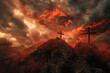 three crosses on a mountain with red clouds in the background.