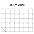 july 2028 calendar. week starts on sunday. printable, simple, and clean design. calendar vector design.