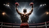 A rear view of a boxing champion enjoying his victory in the lights of the ring. Competitions, Sports, Energy, Healthy lifestyle concepts.