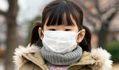 A young girl wearing a mask and a scarf. She has a serious look on her face. Concept of caution and concern for the girl's health