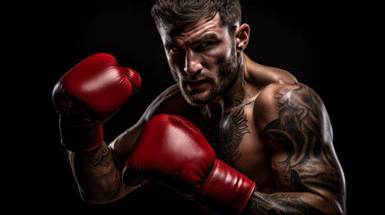 Wall Mural - A close-up Studio shot of a Boxer man ready to strike in red gloves looking at the camera against the dark background of the ring, gym. Competitions, Sports, Energy, Training, Healthy concepts.